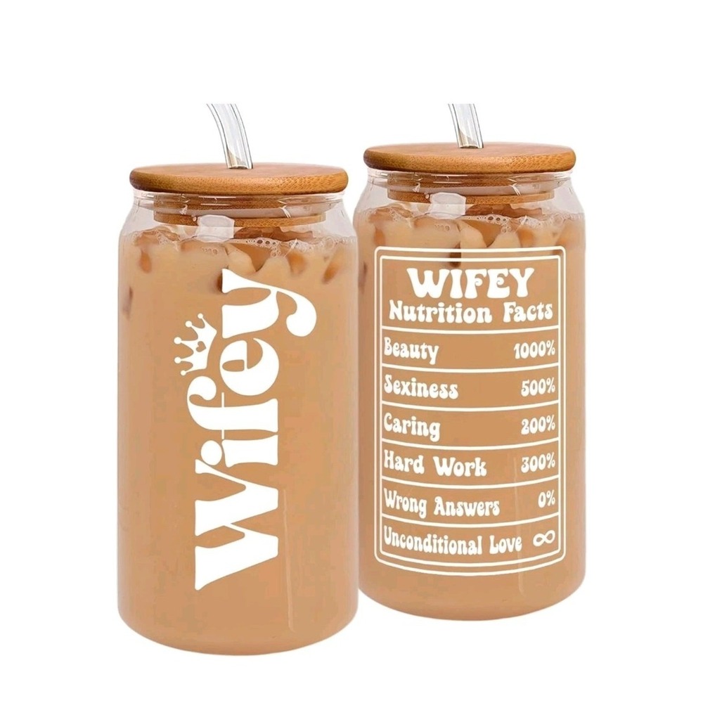 Wifey Nutrition Facts 16oz Glass Can Cup with Bamboo Lid and Straw Clear s9